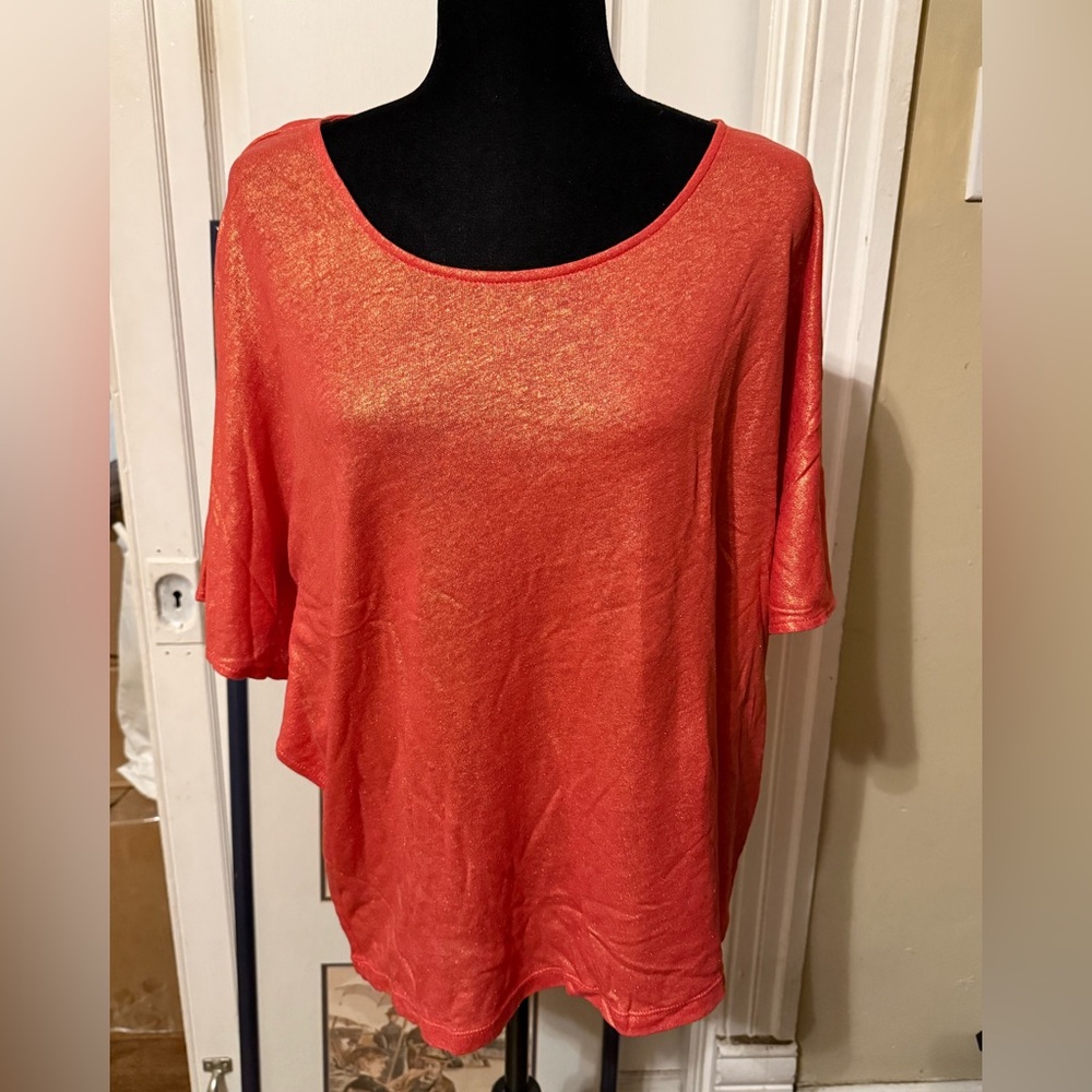 NWT Chico's Shimmer Andrina Top Watermelon Fizz Orange Peach Short Sleeve Shirt